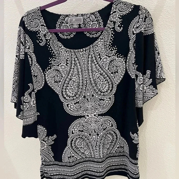 SMALL JM COLLECTION BLACK AND WHITE WITH RHINESTONES BOHO BLOUSE - Picture 7 of 8